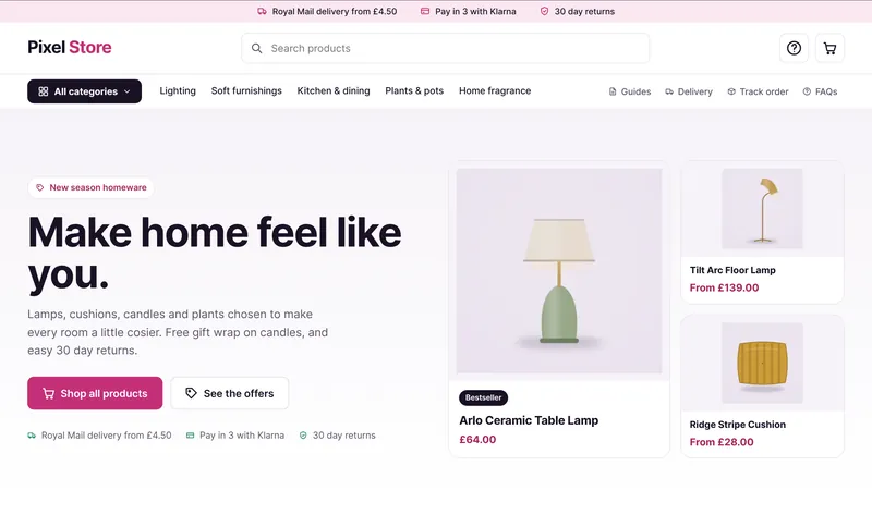 The homepage: the top bar messages, header and menu, then the heading and intro beside the hero product tiles