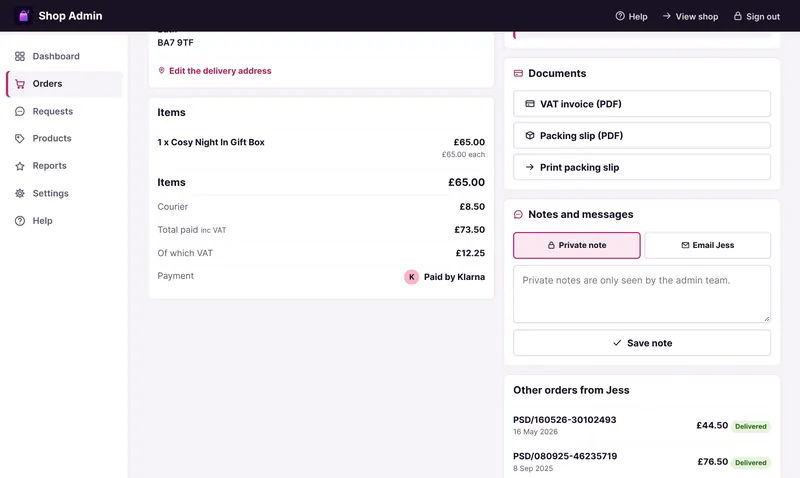 An order further down: the Documents box, where each refund adds its own credit note