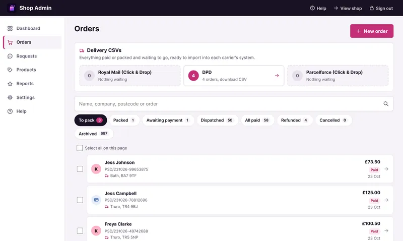 The Orders screen on To pack, with the Delivery CSVs at the top, the search box and the pills