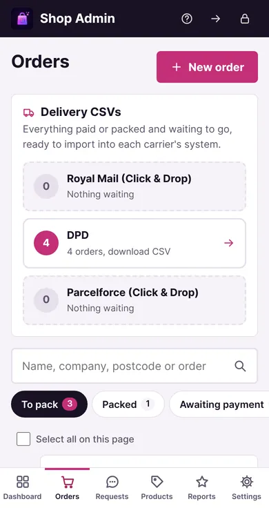 Orders on a phone, with New order, the Delivery CSVs and the To pack pill
