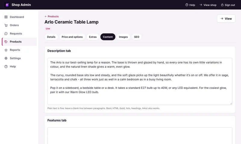 The Content section, with the Description tab text and the Features tab below it