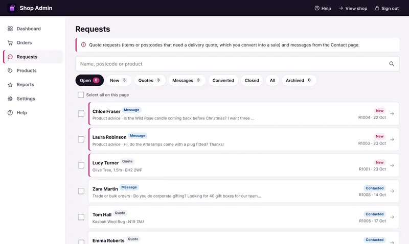 The Requests list, with Message and Quote tags, a reference and a New or Contacted pill on each