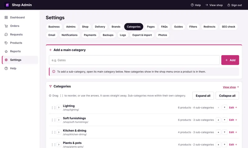 Settings > Categories: Add a main category, then the list with drag handles, arrows and Edit