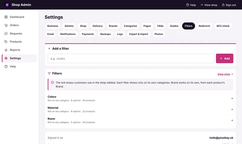 Settings > Filters: Add a filter, then each filter with its categories, options and product count