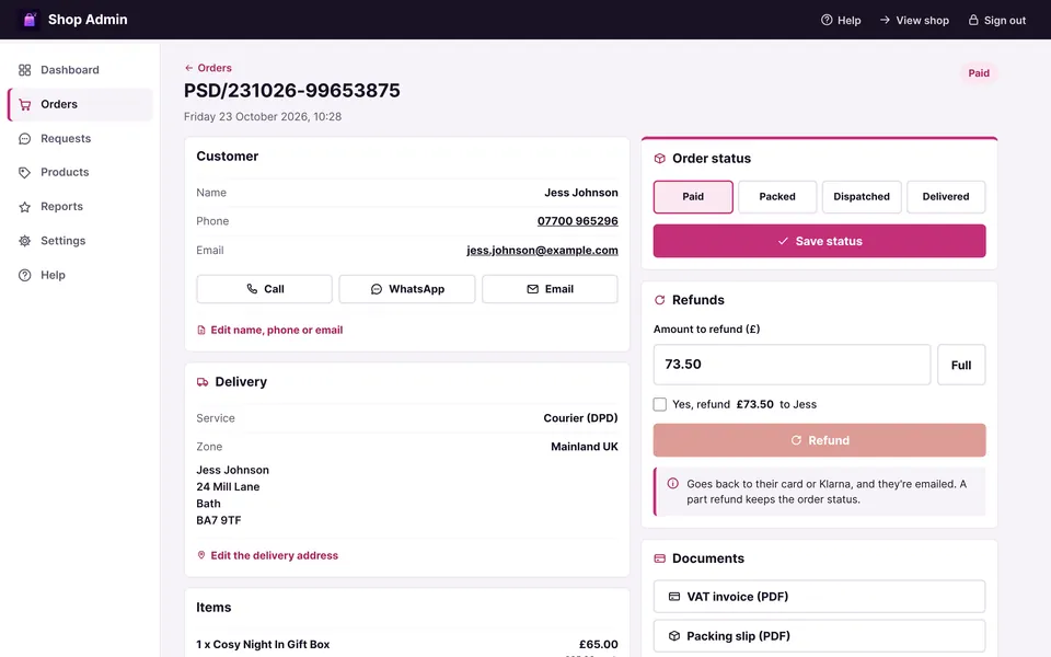 Each order: Customer, delivery, status and tracking on one page. Mark it sent and they get an email.